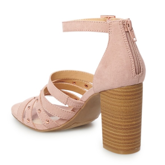 LC LAUREN CONRAD Sandals Block High Heels Strappy Faux-Suede Studded Mauve Pink - Picture 4 of 8